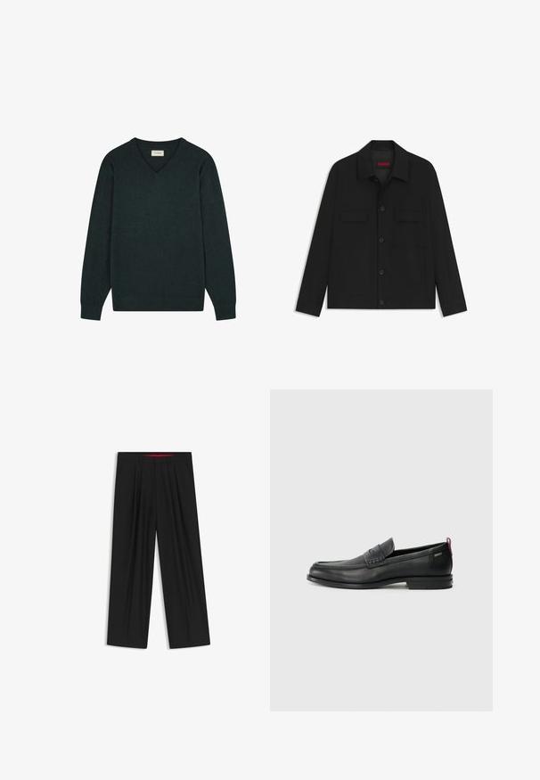 Schwarze Jacke mit knöpfbarem vorderen Verschluss, zwei Brusttaschen und Kragen. Aus glatt gewebtem Stoff mit strukturiertem Design.; Dunkelgrüner V-Ausschnitt-Pullover aus weichem Strickstoff. Mit langen Ärmeln und einem dezenten gestickten Logo auf der Brust.; Schwarze weit geschnittene Hosen mit flachem Bund, zwei seitlichen Taschen, gefaltetem Design und einem kontrastierenden roten Innenbund.; Schwarze Lederloafers mit einem strukturierten Vorderteil und glatten Seiten. Sie verfügen über einen schmalen Absatz und eine Schlaufe an der Rückseite für einfaches Anziehen. Klassisches Design.