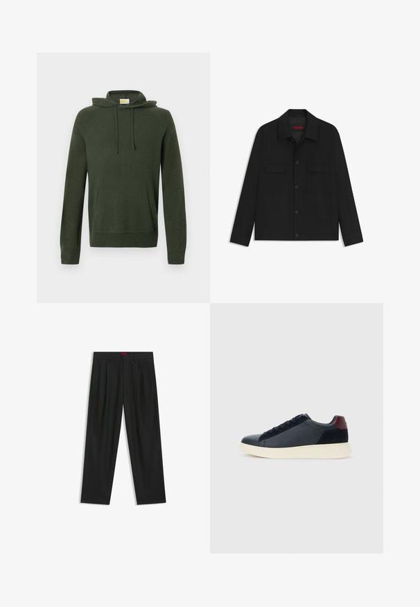 Schwarze Jacke mit knöpfbarem vorderen Verschluss, zwei Brusttaschen und Kragen. Aus glatt gewebtem Stoff mit strukturiertem Design.; Olivgrüner Hoodie mit Kapuze mit Kordelzug, Fronttasche, gerippten Bündchen und Saum. Hergestellt aus weichem Material mit glatter Textur.; Schwarze Hose mit einem gefältelten Design, weiter Beinform und glatter Textur. Verfügt über ein rotes Taillenlabel.; Schwarze Leder- und Wildledersneaker für Herren mit einem ziegelroten Fersenpatch und weißer Gummisohle, von der Außenseite betrachtet.