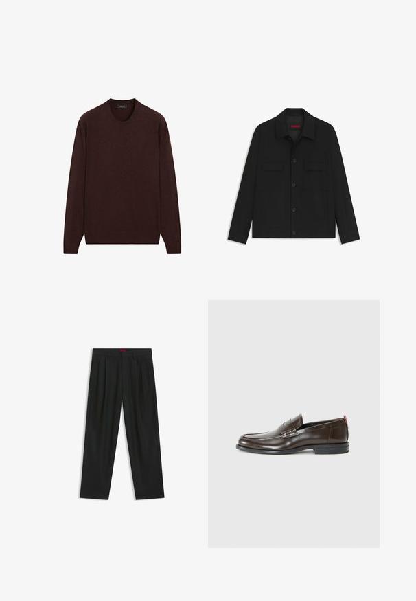 Black jacket featuring a button-up front, two chest pockets, and a collared neck. Made from smooth fabric with a structured design.; Burgundy sweater with a round neckline, long sleeves, and ribbed cuffs and hem, made from soft, textured fabric.; Black trousers with a pleated design, wide leg shape, and a smooth texture. Features a red waistband tag.; Brown leather loafers with a smooth finish, round toe, decorative stitching, and a contrasting red accent on the heel. Rubber sole.
