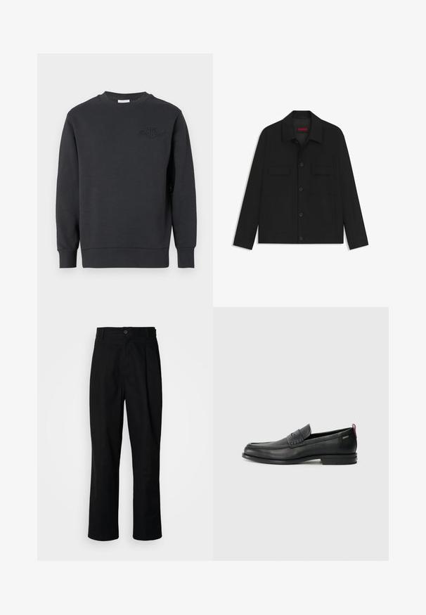 Mustapaita, jossa on nappikiinnitys edessä, kaksi rintataskua ja kauluskangas. Valmistettu sileästä kankaasta, jolla on jämäkkä muotoilu.; Musta puuvillainen collegepaita, jossa on pyöreä pääntie, resorit hihansuissa ja helmassa, sekä kohokuvioitu logo rinnassa. Sileä pinta.; Mustat suorat housut napillisella vyötäröllä, vyölenkeillä ja etukaanneksilla, esitelty vaaleaa taustaa vasten.; Musta nahkakengät, joissa on teksturoitu etupaneeli ja sileät sivut. Varustettu kapealla kantapäillä ja takasilmukalla helppoa pukemista varten. Klassinen muotoilu.