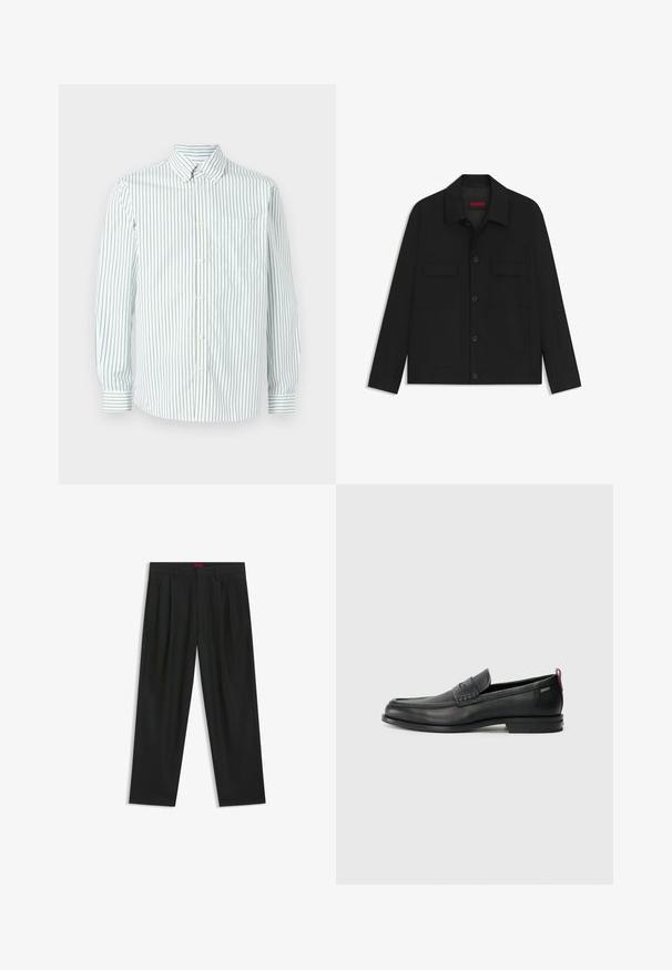 Zwarte jas met een knoopsluiting, twee borstzakken en een kraag. Gemaakt van gladde stof met een gestructureerd ontwerp.; Les Deux KENT - Overhemd - white; Zwarte broek met een geplooid ontwerp, wijde pijpen en een zachte textuur. Voorzien van een rode taillebandlabel.; Zwarte leren instappers met een textuur aan de voorkant en gladde zijden. Voorzien van een slanke hak en een lus aan de achterkant voor gemakkelijk aan- en uittrekken. Klassiek ontwerp.