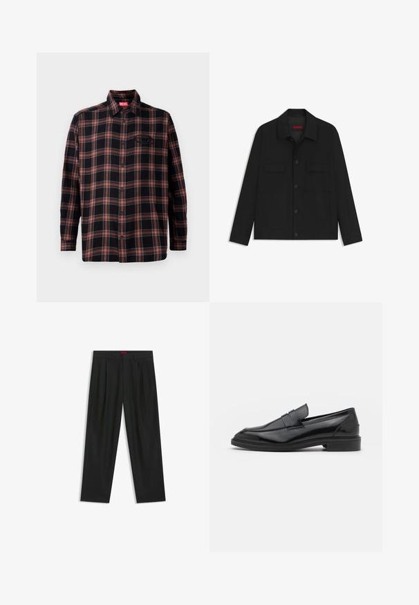 Schwarze Jacke mit knöpfbarem vorderen Verschluss, zwei Brusttaschen und Kragen. Aus glatt gewebtem Stoff mit strukturiertem Design.; Schwarz-rote Karobluse mit durchgehender Knopfleiste, langen Ärmeln und einem Etikett am Kragen. Mit Kontrastnähten und einer aufgesetzten Tasche.; Schwarze Hose mit einem gefältelten Design, weiter Beinform und glatter Textur. Verfügt über ein rotes Taillenlabel.; Schwarze Lederloafers mit glatter Oberfläche, runder Spitze und schmalem Riemen über dem Obermaterial. Niedriger, gestapelter Absatz.