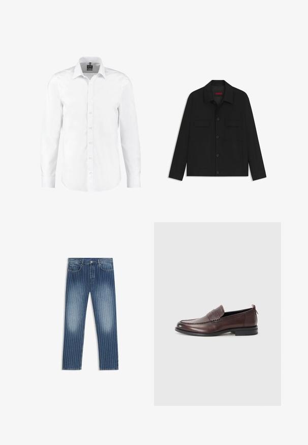 Zwarte jas met een knoopsluiting, twee borstzakken en een kraag. Gemaakt van gladde stof met een gestructureerd ontwerp.; Witte langearmige shirt gemaakt van gladde stof, met een klassieke kraag, knopen aan de voorkant en manchetten met enkele knopen. Geen patronen of accenten.; Denim jeans met een streepjespatroon, middelblauwe kleur, vervaagde delen, rechte pijpen, vijf zakken en een metalen knoopsluiting.; Bruine leren instappers met een ronde neus, gestikt detail en een kleine rode accent aan de hak. Vlakke rubberen zool.