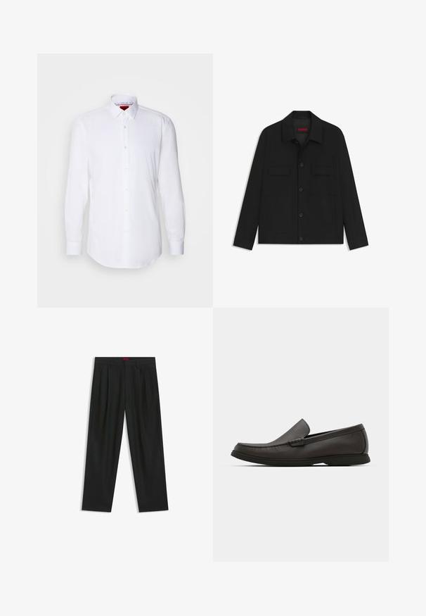 Mustapaita, jossa on nappikiinnitys edessä, kaksi rintataskua ja kauluskangas. Valmistettu sileästä kankaasta, jolla on jämäkkä muotoilu.; Valkoinen pitkähihaista paitaa, joka on valmistettu sileästä kankaasta. Paita sisältää klassisen kauluksen, napitettavan etuosa, jossa on pieniä pyöreitä nappeja, sekä napitettavat hihansuut.; Mustat housut, joissa on poimutettu muotoilu, leveä lahjetyyppi ja sileä pinta. Varustettu punaisella vyötärötagilla.; Tummanruskeat nahka loaferit, joissa on pyöreä nenä, hienovaraiset ommelsyyt ja matala kumipohja. Sileä tekstuuri ja joustava istuvuus.