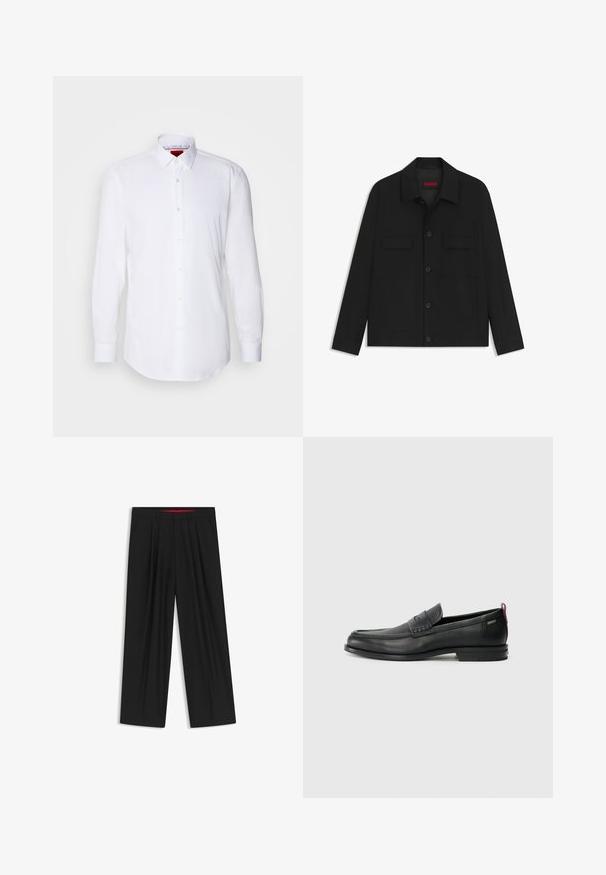 Black jacket featuring a button-up front, two chest pockets, and a collared neck. Made from smooth fabric with a structured design.; White long-sleeve shirt made of smooth fabric, features a classic collar, button-down front with small round buttons, and buttoned cuffs.; Black wide-leg trousers with a flat front, two side pockets, pleated design, and a contrasting red interior waistband.; Black leather loafers with a textured front panel and smooth sides. Features a slim heel and rear loop for easy wear. Classic design.