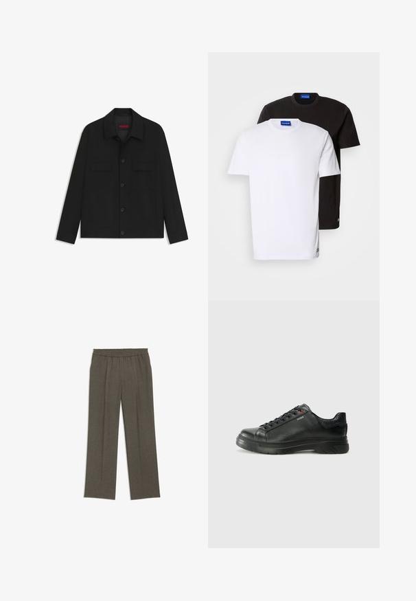 Black jacket featuring a button-up front, two chest pockets, and a collared neck. Made from smooth fabric with a structured design.; Two T-shirts stacked: one white and one black. Short sleeves, round necklines, cotton fabric. Features a small blue logo at the neckline.; Wide-leg trousers in dark gray fabric with an elastic waistband, featuring a textured weave and no visible pockets or fastenings.; Black leather sneaker with textured upper, padded collar, and red logo detail. Features a thick rubber sole with distinct tread pattern.
