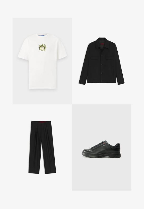 Sort jakke med knaplukning foran, to brystlommer og krave. Fremstillet af glat materiale med en struktureret design.; Hvid bomulds T-shirt med et grafisk motiv af et smiley-ansigt omgivet af grønne pigge. Kortærmet og med rund halsudskæring.; Sorte brede bukser med flad front, to sidelommer, plisseret design og en kontrastfarvet rød inderside på linningen.; Sorte lædersneakers med tekstureret overdel, polstret krave og rødt logo-detajle. Har en tyk gummisål med tydeligt mønster.