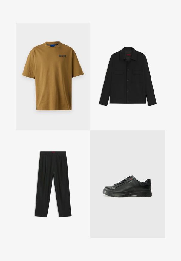 Sort jakke med knaplukning foran, to brystlommer og krave. Fremstillet af glat materiale med en struktureret design.; Brun bomulds t-shirt med rund halsudskæring, korte ærmer og et lille sort logo på venstre brystområde. Glat tekstur.; Sorte bukser med plisseret design, bred benform og en glat tekstur. Har et rødt taljetag.; Sorte lædersneakers med tekstureret overdel, polstret krave og rødt logo-detajle. Har en tyk gummisål med tydeligt mønster.