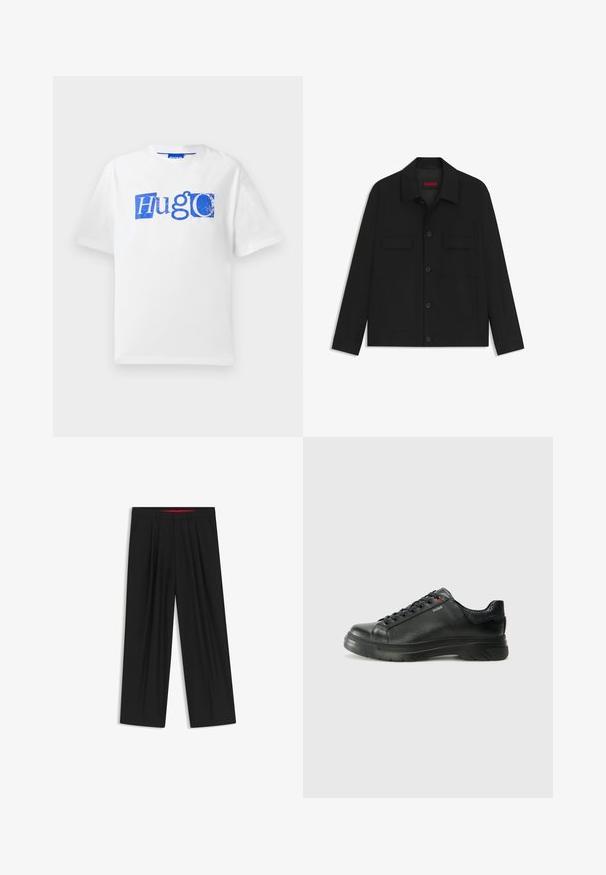 Black jacket featuring a button-up front, two chest pockets, and a collared neck. Made from smooth fabric with a structured design.; White cotton t-shirt featuring a blue graphic logo and text design. Short sleeves, round neckline, and relaxed fit.; Black wide-leg trousers with a flat front, two side pockets, pleated design, and a contrasting red interior waistband.; Black leather sneaker with textured upper, padded collar, and red logo detail. Features a thick rubber sole with distinct tread pattern.