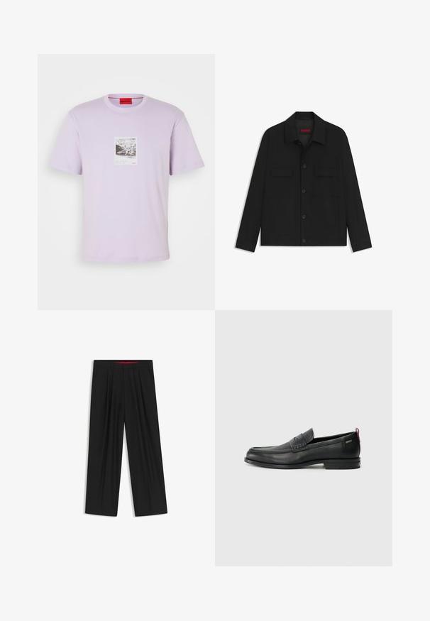Mustapaita, jossa on nappikiinnitys edessä, kaksi rintataskua ja kauluskangas. Valmistettu sileästä kankaasta, jolla on jämäkkä muotoilu.; Vaaleanlaventelipaita, joka on valmistettu puuvillasta. Paidassa on keskeinen graafinen printti mustavalkoisesta oktaavasta, ja punaisia logo-aksentteja.; Musta leveälahkeinen housu, jossa on litteä etuosa, kaksi sivupistettä, laskostettu muotoilu ja kontrastivärinen punainen vyötärön sisäosa.; Musta nahkakengät, joissa on teksturoitu etupaneeli ja sileät sivut. Varustettu kapealla kantapäillä ja takasilmukalla helppoa pukemista varten. Klassinen muotoilu.