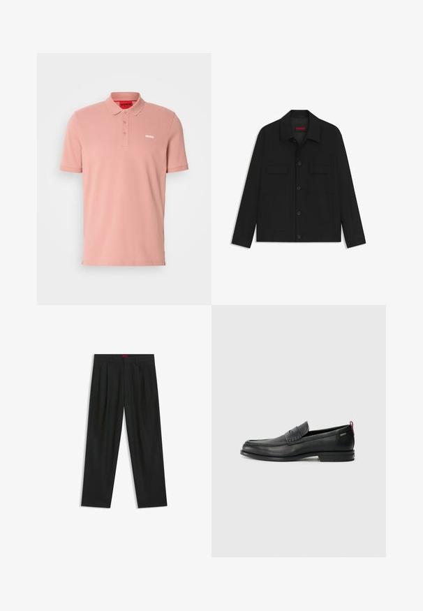 Zwarte jas met een knoopsluiting, twee borstzakken en een kraag. Gemaakt van gladde stof met een gestructureerd ontwerp.; Polo shirt van zachtroze katoen, met een kraag, een drie-knopen sluiting en een wit "HUGO" logo op de borst. Soepele textuur, korte mouwen.; Zwarte broek met een geplooid ontwerp, wijde pijpen en een zachte textuur. Voorzien van een rode taillebandlabel.; Zwarte leren instappers met een textuur aan de voorkant en gladde zijden. Voorzien van een slanke hak en een lus aan de achterkant voor gemakkelijk aan- en uittrekken. Klassiek ontwerp.