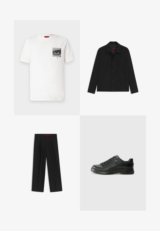 Black jacket featuring a button-up front, two chest pockets, and a collared neck. Made from smooth fabric with a structured design.; White cotton t-shirt featuring a black-and-white photograph of an eye on the left chest area, with "HUGO" in red below the image.; Black wide-leg trousers with a flat front, two side pockets, pleated design, and a contrasting red interior waistband.; Black leather sneaker with textured upper, padded collar, and red logo detail. Features a thick rubber sole with distinct tread pattern.