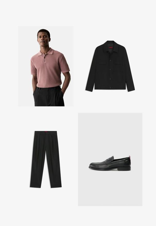 Schwarze Jacke mit knöpfbarem vorderen Verschluss, zwei Brusttaschen und Kragen. Aus glatt gewebtem Stoff mit strukturiertem Design.; Rippierter Poloshirt mit kurzen Ärmeln in staubigem Rosa, mit Kragen und einer Drei-Knopf-Leiste. Getragen mit dunklen Hosen, Hände in den Taschen.; Schwarze Hose mit einem gefältelten Design, weiter Beinform und glatter Textur. Verfügt über ein rotes Taillenlabel.; Schwarze Lederloafers mit einem strukturierten Vorderteil und glatten Seiten. Sie verfügen über einen schmalen Absatz und eine Schlaufe an der Rückseite für einfaches Anziehen. Klassisches Design.