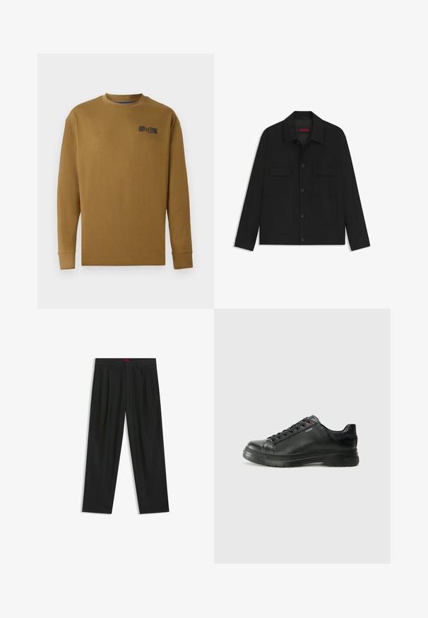 Schwarze Jacke mit knöpfbarem vorderen Verschluss, zwei Brusttaschen und Kragen. Aus glatt gewebtem Stoff mit strukturiertem Design.; Langarm-T-shirt mit Rundhalsausschnitt aus brauner Baumwolle. Verfügt über ein schwarzes Logo auf der linken Brust und gerippte Bündchen. Glatte Textur, reguläre Passform.; Schwarze Hose mit einem gefältelten Design, weiter Beinform und glatter Textur. Verfügt über ein rotes Taillenlabel.; Schwarze Leder-Sneaker mit strukturiertem Obermaterial, gepolstertem Kragen und rotem Logo-Detail. Verfügt über eine dicke Gummisohle mit markantem Profil.