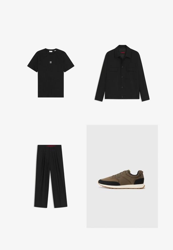 Black jacket featuring a button-up front, two chest pockets, and a collared neck. Made from smooth fabric with a structured design.; Black cotton t-shirt featuring short sleeves and a round neckline. Centered on the chest is the white printed text "II."; Black wide-leg trousers with a flat front, two side pockets, pleated design, and a contrasting red interior waistband.; Men's sneakers featuring a mix of olive green and black synthetic materials, textured panels, and a white rubber sole with traction pattern.