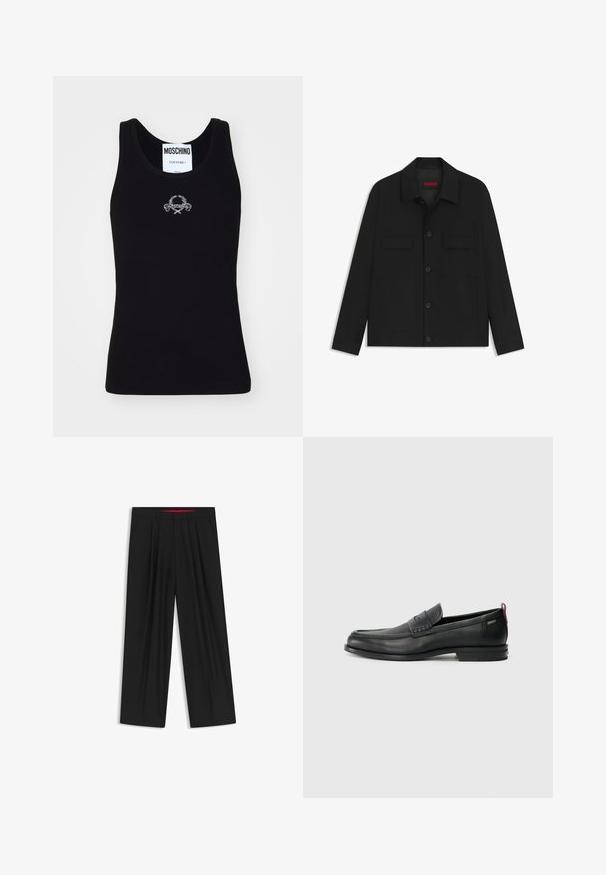 Veste noire avec un devant à boutons, deux poches poitrine et un col. Fabriquée en tissu lisse avec un design structuré.; Débardeur noir à côtes avec un col rond, présentant un design de logo brodé blanc au centre. Confectionné en tissu doux et extensible.; Pantalons larges noirs avec une taille plate, deux poches latérales, un design plissé et une ceinture intérieure contrastante rouge.; Mocassins en cuir noir avec un panneau avant texturé et des côtés lisses. Équipés d'un talon fin et d'une boucle à l'arrière pour un enfilage facile. Design classique.