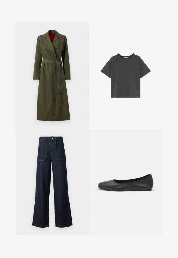 Olijfgroene lange trenchcoat met een kraag, tailleband en lange mouwen. Het interieur heeft een rode voering. Gemaakt van een gladde, lichte stof.; Grijze katoenen t-shirt met korte mouwen, ronde halslijn en een losse pasvorm. De oppervlakte is glad, de stiksels zijn zichtbaar langs de randen.; Wijdpijpen donkerdenim jeans met groene contraststiksels, vijf-pocketontwerp, knoopsluiting en een hoge taille.; Zwarte leren ballerina met een ronde neus, gladde textuur, minimale stikdetails en een flexibele zoolontwerp.