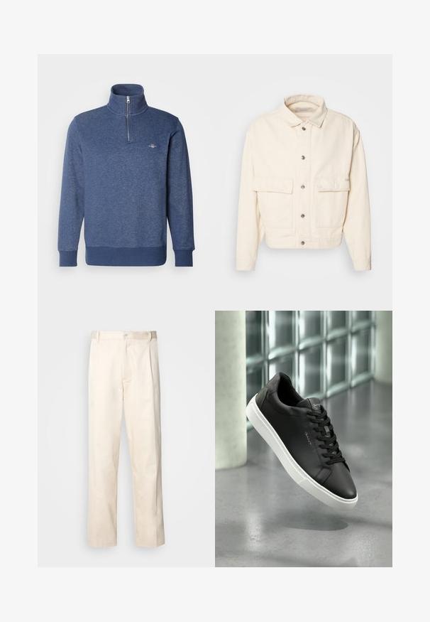 Casaco de algodão de cor creme com colarinho, botões frontais, dois grandes bolsos no peito e mangas longas. Textura suave e design curto.; GANT SHIELD HALF ZIP - Camisola - dark jeansblue melange; Calças de algodão bege com corte reto, apresentando um fecho de botão e pregas na frente para um detalhe adicional.; Sapatilha de couro preto com sola de borracha branca, bico redondo e atacadores. Apresenta uma textura suave e uma marcação subtil na língua.
