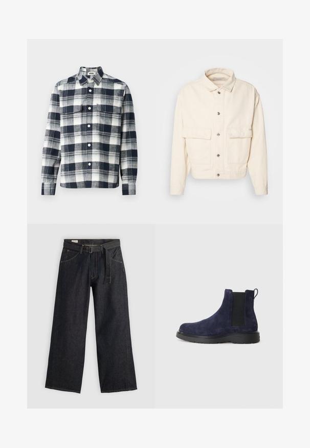 Kremowa bawełniana kurtka z kołnierzykiem, z przodu zapinana na guziki, z dwoma dużymi kieszeniami na piersi i długimi rękawami. Gładka faktura i skrócony krój.; Koszula w kratę wykonana z materiału w kolorze granatowym i białym. Posiada kołnierzyk zapinany na guziki, kieszeń z przodu oraz długie rękawy.; Ciemnoniebieskie spodnie o szerokich nogawkach z paskiem w talii, z kieszeniami z przodu i kontrastowym przeszyciem. Gładka tekstura z minimalistycznym wzornictwem.; Granatowe zamszowe botki Chelsea z elastycznymi panelami bocznymi i pętelką do zakupu. Czarna gumowa podeszwa z teksturową powierzchnią zapewniającą przyczepność i trwałość.