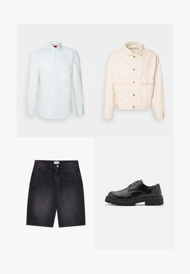 Casaco de algodão de cor creme com colarinho, botões frontais, dois grandes bolsos no peito e mangas longas. Textura suave e design curto.; HUGO KASON - Camisa - light/pastel green; Três t-shirts de algodão pretas apresentadas em uma disposição empilhada. Cada uma possui um decote redondo e mangas curtas com uma textura suave.; Calções de ganga pretos com um design clássico. Apresentam cinco bolsos, fecho frontal com botão e detalhe de costura. Textura suave e corte reto.; Sapatos de couro pretos com bico arredondado, design de atacador e sola de borracha espessa e texturizada. Apresenta costuras ao longo da borda e um acabamento liso.