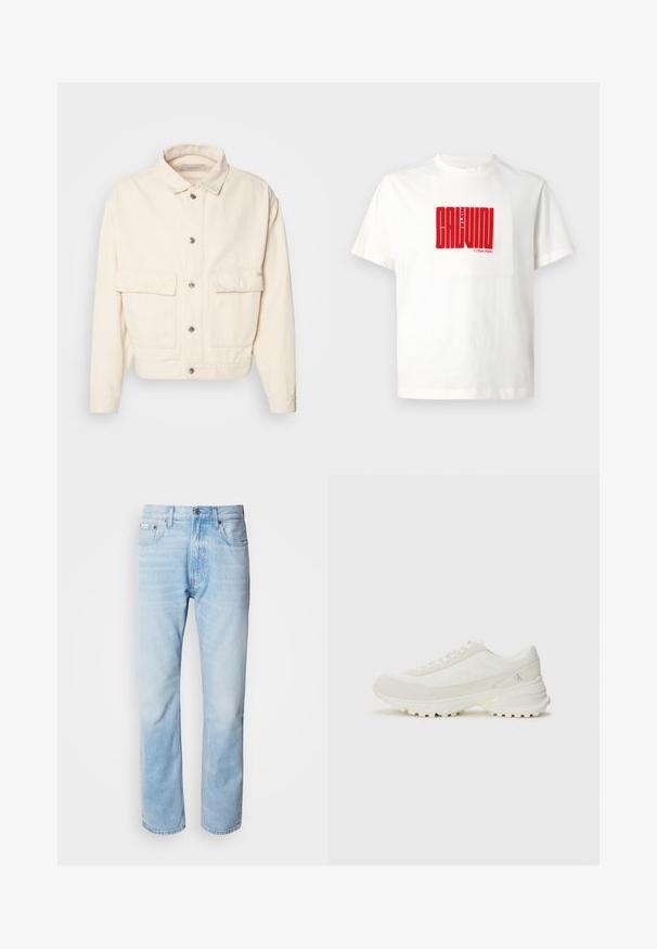 Kremno obarvana bombažna jakna z ovratnikom, sprednjimi gumbi, dvema velikima žepoma na prsih in dolgimi rokavi. Gladka tekstura in skrajšana zasnova.; Bela bomba iz 100% bombaža z velikim rdečim grafičnim tiskom "CALVIN KLEIN" spredaj, s krožnim ovratnikom in kratkimi rokavi.; Svijetloplave traperice s ravnim nogavicama, s izblijedjelim dijelovima, pet džepova i klasičnim dugmadi za kopčanje.; Bela športna obutev s mrežastim in semenkastim zgornjem delom, zaokroženim prstom, ravnimi vezalkami in teksturiranim, debelim gumijastim podplatom. Logotipi na strani in peti.