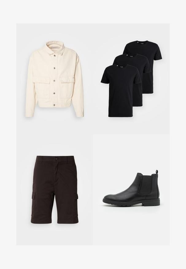 Cream-colored cotton jacket featuring a collar, front buttons, two large chest pockets, and long sleeves. Smooth texture and cropped design.; Three black cotton T-shirts shown in a stacked arrangement. Each features a round neckline and short sleeves with a smooth texture.; Black cargo shorts with a button closure, side pockets, and a straight cut. Made from durable fabric, featuring a smooth texture.; Black leather Chelsea boot with elastic side panels and a pull tab, featuring a rounded toe and textured rubber sole.