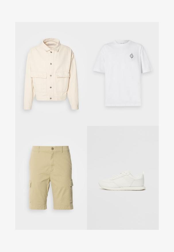 Kremowa bawełniana kurtka z kołnierzykiem, z przodu zapinana na guziki, z dwoma dużymi kieszeniami na piersi i długimi rękawami. Gładka faktura i skrócony krój.; Biała bawełniana koszulka o luźnym kroju, z małym czarnym graficznym logo na lewej piersi. Krótkie rękawy, klasyczny okrągły dekolt.; Khaki szorty cargo wykonane z bawełny o gładkiej teksturze, z bocznymi kieszeniami i zapięciem na guzik w talii.; Białe trampki z siateczkową i syntetyczną cholewką, okrągłym noskiem, płaskimi sznurowadłami oraz teksturowanym paskiem bocznym. Gumowa podeszwa z pętelką z tyłu.