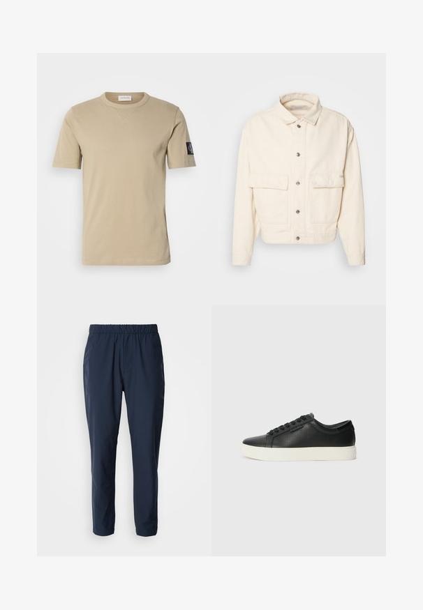 Kermakovärinen puuvillatakki, jossa on kaulus, etunapit, kaksi suurta rintataskua ja pitkät hihat. Sileä pinta ja lyhyt muoto.; Lyhythihainen beigen värinen t-paita pehmeästä puuvillasta, jossa on pyöreä kaula-aukko. Vasemmassa hihassa on logopatch ja yksinkertaisia ompeluyksityiskohtia.; Laivansininen, kevyt housut, joissa on joustava vyötärö, kapenevat lahkeet ja kaksi sivutaskua. Valmistettu sileästä ja kestävästä kankaasta.; Mustat nahkasneakersit rei'itetyllä pinnalla, pyöreällä varvalla ja litteällä valkoisella kumipohjalla. Varustettu mustilla nauhoilla ja hienovaraisella logolla sivussa.