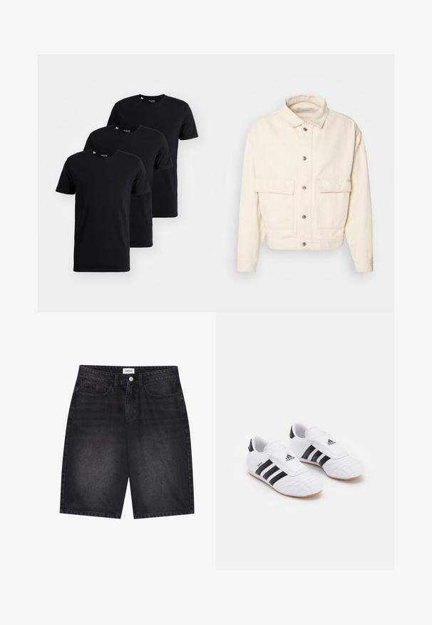 Tejbézs színű pamutdzseki, amely gallérral, elől gombokkal, két nagy mellzsebbel és hosszú ujjal rendelkezik. Simább textúra és cropped fazon.; Három fekete pamut póló látható összerakott elrendezésben. Mindegyiknek kerek nyakú és rövid ujjú, sima textúrával rendelkezik.; Fekete farmer rövidnadrág klasszikus stílusban. Öt zseb, elülső gombos záródás és varrási részletek jellemzik. Simító textúra és egyenes szabás.; Fehér sportcipő fekete csíkokkal, velúrszerű textúrával, kerek orral és tépőzáras pánttal. Gumi talp a tapadásért.