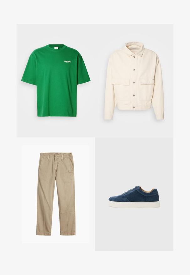 Tejbézs színű pamutdzseki, amely gallérral, elől gombokkal, két nagy mellzsebbel és hosszú ujjal rendelkezik. Simább textúra és cropped fazon.; Zöld pamut póló laza szabással, rövid ujjakkal és kerek nyakkivágással. A frontján egy kis fehér logo található.; Beige egyenes szárú chino nadrág övhurkokkal, elülső gombos és cipzáras záródással, valamint ferde elülső zsebekkel.; Kék velúr sportcipő fehér gumitalppal, fűzős kivitel, kerek orral, és kontrasztos barna belső résszel. Finom varrási részletek.
