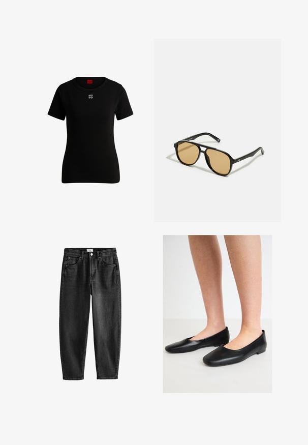 Musta bleiseri, jossa on leikatut lävet, kaksi etutaskua ja kaksi nappia. Pehmeä kangas, joka on muotoiltu istuvaksi ja omaa jämäkät olkapäät.; Musta lyhythihainen t-paita, joka on valmistettu pehmeästä puuvillasta. Paita on pyöreäkauluksinen ja siinä on pieni valkoinen "HUGO" -logo rinnassa. Klassinen malli.; Mustat farkut suoran istuvuuden, viiden taskun ja nappikiinnityksen kanssa. Sisältää lievää haalistumista ja ompeluyksityiskohtia. Rentoa muotoilua.; Musta balettikenkä, joka on valmistettu sileästä nahasta, pyöreällä varvassaralla ja matalalla, litteällä pohjalla. Kengissä on helppo pukea ja niissä ei ole näkyvää metalliosaa.; Mustat aurinkolasit ruskeilla sävyillä; suorakaiteen muotoiset, joissa on paksu kehys ja hienovaraiset metallikoristeet varsissa.; Ruskea nahkalaukku, jossa on kaksi tukevasti kantavaa kahvaa, suorakaiteen muotoinen, sileä pinta ja vetoketjukiinnitys. Minimalistinen muotoilu ilman näkyviä kuvioita.
