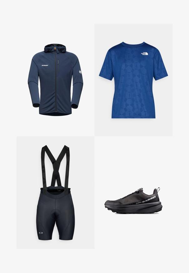 Mörkblå huvjacka i syntetmaterial med dragkedja fram, en ficka på bröstet med dragkedja och en logotyp på vänster sida.; Blå kortärmad skjorta med ett texturerat geometriskt mönster och en vit logotyp på övre vänstra sidan. Tillverkad av ett lätt och ventilerande material.; Svarta cykelbibs med justerbara axelremmar, vadderad sits, texturerat tyg och logodetalj på vänster ben. Kroppsnära design.; Mammut AENERGY MTN LOW GTX - Hikingskor - iguana black