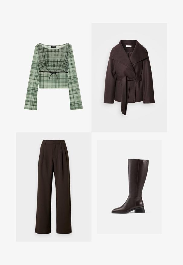 Tumši brūns apļveida mētelis, izgatavots no vilnas maisījuma, ar plašu apkakli, garām piedurknēm, atbilstošu jostu un bezšuvju apdari.; Zaļš krekliņš ar pārgriezumu, ar garām piedurknēm, ar savilktu apkakli un melnas lentes akcentu jostas vietā. Izgatavots no viegla auduma.; Tumši brūnas, augstas jostasvietas, plata piegriezuma bikses ar jostas cilpām, priekšējām krokojumiem un noslēptu priekšējo aizdari uz balta fona.; Ceļa augstuma brūni ādas zābaki ar gludu apdari, noapaļota purngala un melnu žurnālā. Vienkāršs dizains ar minimālām detaļām.