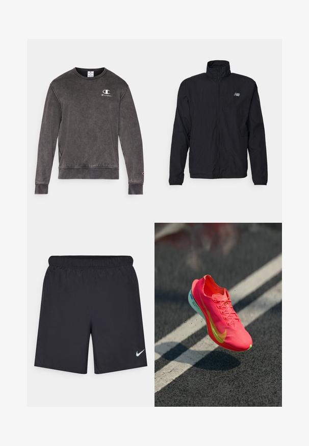 Must must jacket kõrge kraega, lukuga ees ja kergest materjalist. Omab logo rinnal ja elastseid mansette tiheda istumise tagamiseks.; Tumehall kampsun puuvilla segust, ümmarguse kaeluse, ribitud varrukate ja väikese tikandiga logoga rinnal.; Mustad mustikud lühikesed püksid, mis on valmistatud kergest materjalist ja millel on elastne vöökoht. Alumisel vasakul küljel on väike valge Nike logo.; Kirkke roosa jooksu jalanõud tekstuuriga pealsega, kollaste aktsentidega ja kerge tallaga, mis näitab kerget hüpet tumedal pinnal.