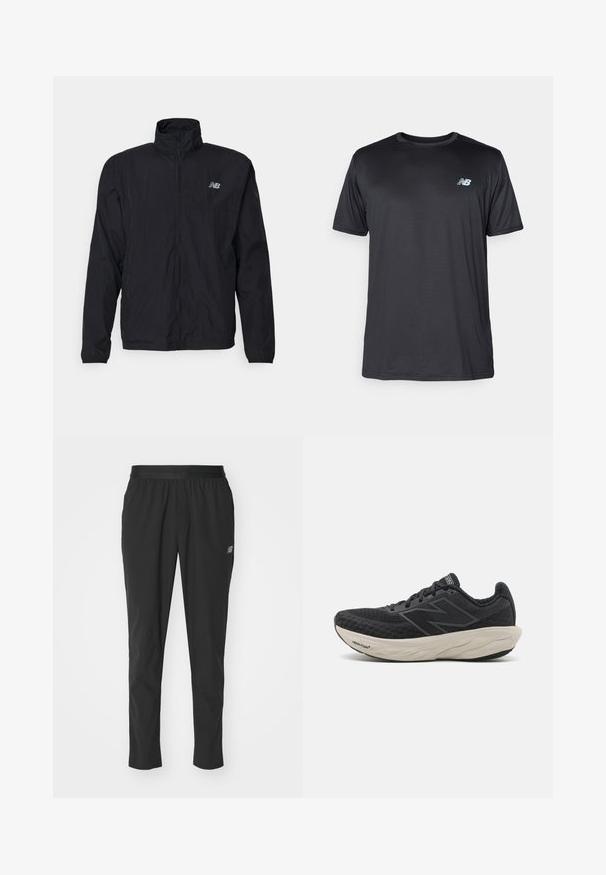 Giacca a vento nera con colletto alto, chiusura zip e materiale leggero. Presenta un logo sul petto e polsini elastici per una vestibilità aderente.; New Balance T-Shirt sport - black; Pantaloni sportivi neri realizzati in materiale leggero, con una vita elastica, design affusolato e un discreto dettaglio del logo sul lato.; Scarpa sportiva nera con tomaia in mesh testurizzato, un'ammortizzazione bianca nella suola intermedia e una suola nera in gomma con scanalature visibili.