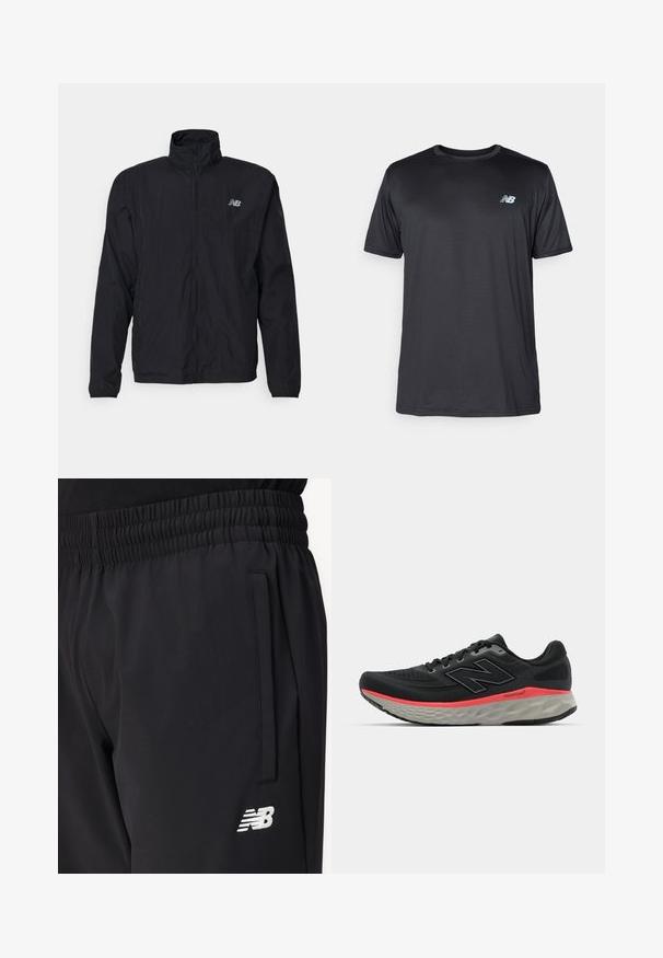 Schwarze Windjacke mit hohem Kragen, Reißverschluss vorne und leichtem Material. Mit Logo auf der Brust und elastischen Bündchen für einen enganliegenden Sitz.; New Balance Sport T-Shirt - black; Schwarze Sporthosen mit elastischem Bund, seitlicher Tasche und weißem New Balance-Logo auf dem Oberschenkel.; Schwarzer Laufschuh mit Obermaterial aus Mesh, akzentuiert durch einen rosa Mittelsohlenstreifen und grauen Außensohle. Verfügt über strukturierte Details und ein flexibles Sohlen-Design.