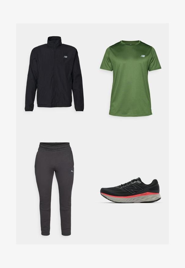 Crni windbreaker s visokim ovratnikom, prednjim zipom i laganim materijalom. Sadrži logo na prsima i elastične manžete za čvrsto prianjanje.; New Balance Sportska majica - dark alpine green; Tamno sivi dukserica s mekim teksturom, uskim krojem, elastičnim pojasom i malim logotipom na lijevom bedru. Nema vidljivih džepova.; Crne trkačke tenisice s mrežastim gornjim dijelom, naglašene ružičastom prugom na srednjem dijelu i sivim potplatom. Sadrže teksturirane detalje i fleksibilan dizajn potplata.