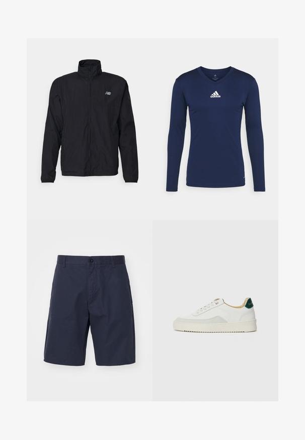 Giacca a vento nera con colletto alto, chiusura zip e materiale leggero. Presenta un logo sul petto e polsini elastici per una vestibilità aderente.; Maglietta sportiva a maniche lunghe blu navy realizzata in tessuto texturizzato, con scollatura a V e logo Adidas bianco sul petto. Design semplice, forma aderente.; Pantaloni corti blu navy realizzati in tessuto leggero con chiusura a bottone, tasche laterali, taglio dritto e dettagli di cucitura visibili.; Sneaker bianco con accenti in camoscio, punta rotonda, lacci piatti e suola in gomma crema. Presenta un marchio verde sul tallone.