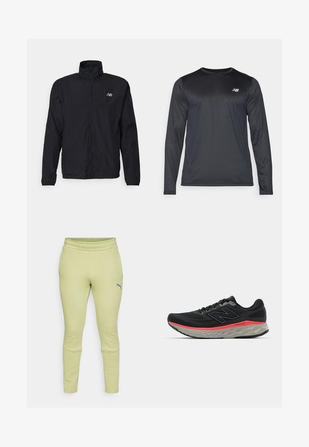 Black windbreaker jacket with high collar, zip front, and lightweight material. Features logo on chest and elastic cuffs for a snug fit.; Long-sleeve athletic shirt in black, made of smooth, lightweight fabric with a subtle texture. Features small logo on the upper left chest.; Light green sweatpants with a tapered fit, elastic waistband, side pockets, and a small gray Puma logo on the left thigh.; Black running shoe with mesh upper, accented by a pink midsole stripe and grey outsole. Features textured details and a flexible sole design.