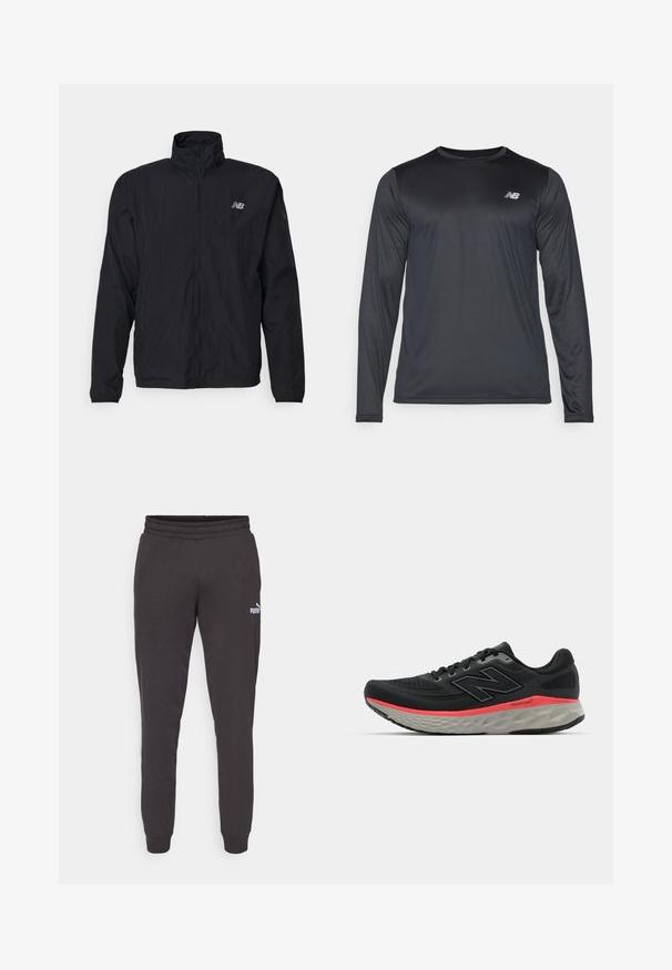 Svart vindbreaker-jakke med høy krage, glidelås foran og lett materiale. Har logo på brystet og elastiske mansjetter for en tettsittende passform.; Langermet treningsskjorte i svart, laget av glatt, lett stoff med en subtil tekstur. Har en liten logo på øvre venstre bryst.; Mørkegrå joggebukser med elastisk midjebånd, innsvingte ben og en liten hvit Puma-logo på venstre lår. Mykt bomullsblanding materiale.; Svarte joggesko med mesh-overdel, accentuert av en rosa mellomsålestripe og grå yttersåle. Har teksturerte detaljer og et fleksibelt såledesign.