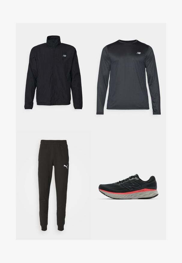 Svart vindjacka med hög krage, dragkedja fram och lätt material. Har logotyp på bröstet och elastiska ärmmuddar för en snug passform.; Tröja med långa ärmar för träning i svart, tillverkad av ett slätt och lätt material med en subtil textur. Har en liten logotyp på övre vänstra bröstet.; Svarta sweatpants med elastisk midja, avsmalnande ben och en vit Puma-logotyp på vänster lår. Gjord av mjukt tyg med en slät yta.; Svart löparsko med överdel av nät, accentuerad av en rosa mellansolelinje och grå yttersula. Har texturerade detaljer och en flexibel sula.