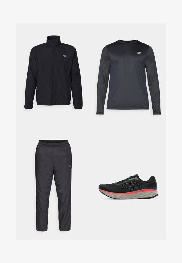Zwarte windbreaker-jack met hoge kraag, ritssluiting aan de voorkant en lichtgewicht materiaal. Kenmerken zijn een logo op de borst en elastische manchetten voor een perfecte pasvorm.; Langzaam mouw atletisch shirt in zwart, gemaakt van soepele, lichte stof met een subtiele textuur. Voorzien van een klein logo op de bovenste linkerborst.; Zwarte sportbroeken gemaakt van glad, lichtgewicht materiaal. Heeft een elastische tailleband en een klein wit logo aan de linkerkant.; Zwarte hardloopschoen met een bovenwerk van mesh, geaccentueerd door een roze tussenzoolstreep en een grijze outsole. Bevat textuurdetails en een flexibele zoolontwerp.
