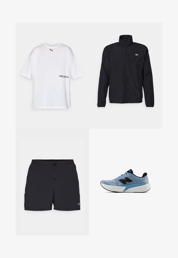 Czarna kurtka wiatrówka z wysokim kołnierzem, zamkiem z przodu i lekkim materiałem. Posiada logo na piersi oraz elastyczne mankiety dla lepszego dopasowania.; Biała bawełniana koszulka z krótkim rękawem, okrągłym dekoltem, z małym czarnym logo Puma oraz napisem "PUMA CREW 48" wydrukowanym na przodzie w kolorze czarnym.; Czarne sportowe szorty wykonane z lekkiego materiału. Posiadają elastyczny pas ze sznurkiem, boczne kieszenie i mały akcent z logo.; Jasnoniebieski but biegowy z czarnym logo, grubą białą podeszwą i czarnym wnętrzem, widok z boku na białym tle.