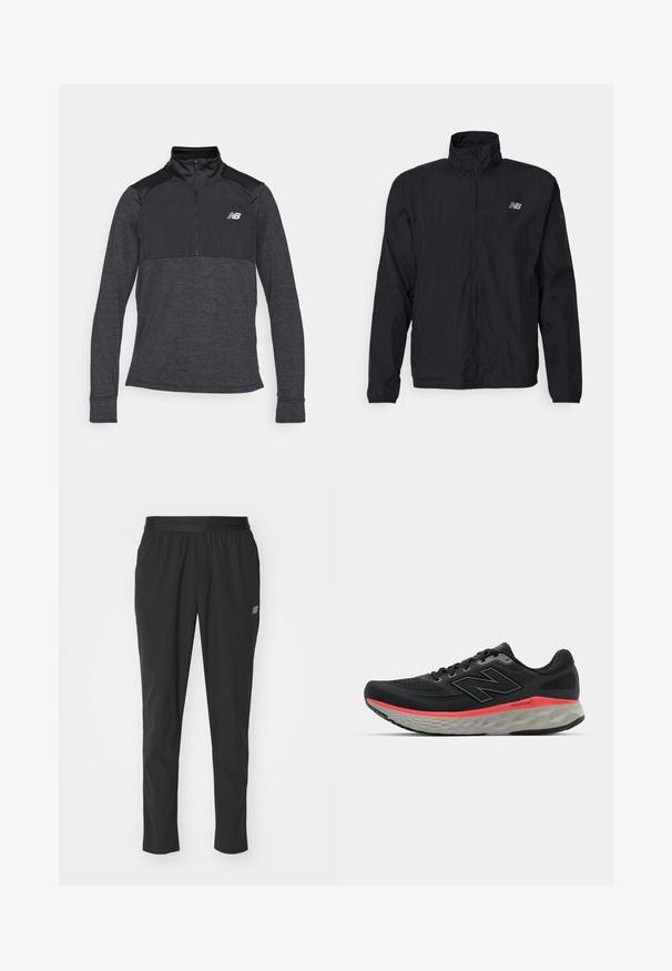 Mustat tuuletusviitta, jossa on korkea kaulus, vetoketjukiinnitys ja kevyt materiaali. Rinnassa on logo ja hihansuissa elastiset kuminauhat tarkan istuvuuden takaamiseksi.; Musta urheilullinen pitkähiha, jossa on neljännesvetoketjullinen kaulus, teksturoitu kangas ja pieni logo vasemmassa rinnassa.; Musta urheiluhousut, jotka on valmistettu kevyestä materiaalista, joustavalla vyötärönauhalla, kapenevalla muotoilulla ja hillityllä logolla sivussa.; Musta juoksukenkä, jossa on verkkomateriaali yläosassa, jota korostaa vaaleanpunainen välikerroksen raita ja harmaa pohja. Kenkässä on teksturoitu yksityiskohta ja joustava pohjarakenne.