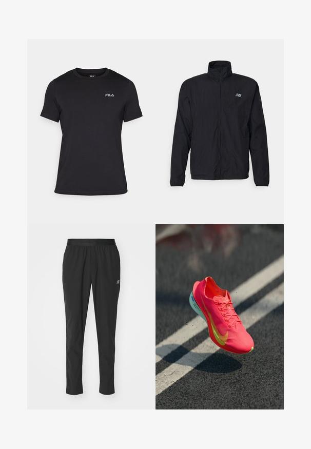 Sort vindjakke med høj krave, lynlås foran og letvægtsmateriale. Har logo på brystet og elastiske manchetter for en tæt pasform.; Sort T-shirt med korte ærmer lavet af bomuld, med en ribbet crew neck og et lille, gråt FILA-logo på venstre bryst.; Sorte atletiske bukser lavet af letvægtsmateriale med en elastisk talje, tapered design og diskret logodetalje på siden.; Lys pink løbesko med en struktureret overdel, gule accenter og en let sål, der viser en let bounce fra en mørk overflade.