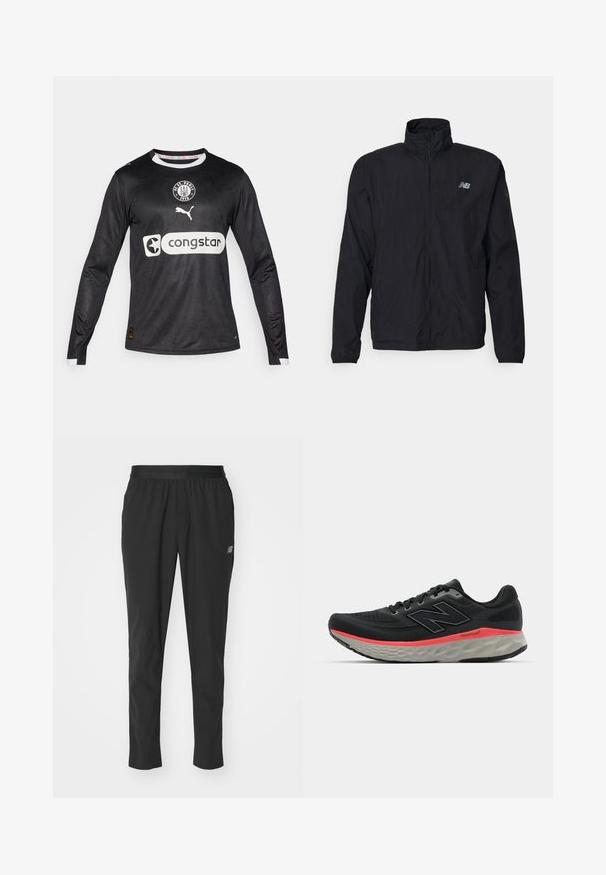 Sort vindjakke med høj krave, lynlås foran og letvægtsmateriale. Har logo på brystet og elastiske manchetter for en tæt pasform.; Sort langærmet fodboldtrøje med et diskret struktureret mønster, hvid krave og ærmekanter, med et rundt logo og stor sponsortryk.; Sorte atletiske bukser lavet af letvægtsmateriale med en elastisk talje, tapered design og diskret logodetalje på siden.; Sorte løbesko med overdækning i mesh, accentueret af en pink mellemsålstribe og grå ydersål. Har teksturerede detaljer og et fleksibelt såledesign.