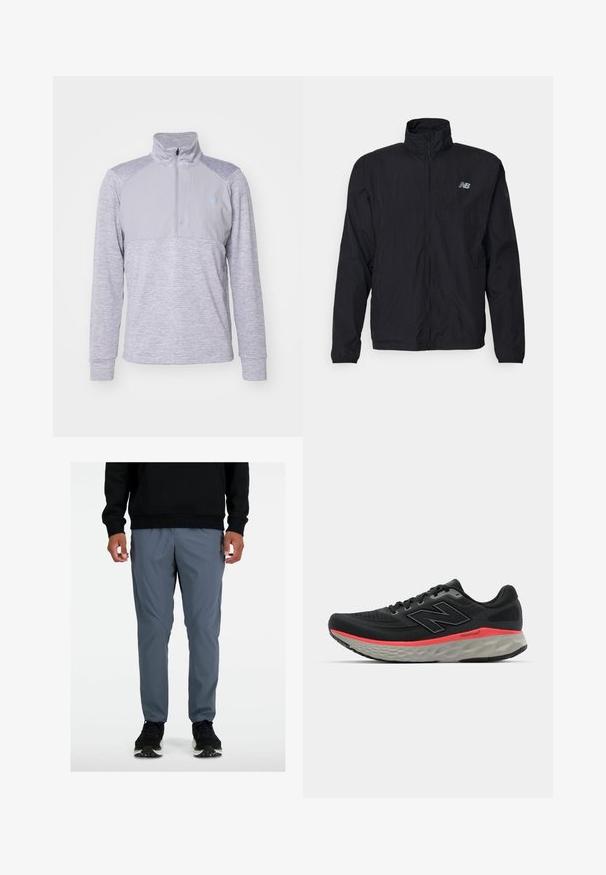 Μαύρο μπουφάν με υψηλό γιακά, μπροστινό φερμουάρ και ελαφρύ υλικό. Διαθέτει λογότυπο στο στήθος και ελαστικές μανσέτες για άψογη εφαρμογή.; Γκρίζος πουλόβερ με μισό φερμουάρ στον γιακά, διαθέτοντας υφασμάτινο σώμα και λείες άνω πάνελ. Μακριά μανίκια με ριχτούς μανσέτες και λεπτομέρεια λογότυπου.; Γκρι αθλητικά παντελόνια με στενή εφαρμογή, κατασκευασμένα από ελαφρύ υλικό, με πλάγιες ραφές και φορεμένα με μαύρα αθλητικά παπούτσια.; Μαύρο αθλητικό παπούτσι με πλέγμα στην πάνω πλευρά, διακοσμημένο με ροζ λωρίδα στη μέση και γκρι εσώτερο. Διαθέτει υφασματοποιημένες λεπτομέρειες και ευέλικτο σχέδιο σόλας.