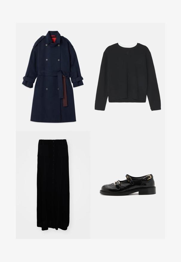 Temno moderna volnena plašč s dvokrilnim zapiranjem na gumbe, pasom, velikimi ovratniki in manšetami. Notranja podloga v rdeči barvi.; Črn pulover s long sleeves, okroglo ovratnikom in rahlo krajšim robom. Narejen iz mehkega materiala, z diskretno logotipno podrobnostjo na sprednji strani.; Črna pletena dolga krila z gumbom spredaj, dvema sprednjima žepoma, teksturirano tkanino in ravno silhueto.; Črne usnjene čevlje z brogu podrobnostmi, ki vključujejo dva zaponka, okroglo konico in nizko peto. Gladka tekstura z sijočim zaključkom.