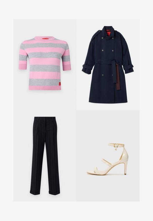 Jūras zila vilnas trenci ar dubultā auklā slēgšanu, ar jostu viduklī, lieliem apkakles uzgaļiem un aproču tabiem. Iekšējā oderējumā ir sarkana krāsa.; MAX&Co. ASTER - Džemperis - orchis rose; Melnas pinstrīpu bikses ar pielāgotu piegriezumu, ar apgāztu apakšmalu un priekšējām kroku detaļām. Izgatavotas no gludas auduma ar struktūrētu dizainu.; Bežīgas augstpapēžu sandales ar plānu potītes siksniņu un divām augšējām siksnām. Spīdošs laku apdare un zelta aksesuārs uz potītes siksniņas.