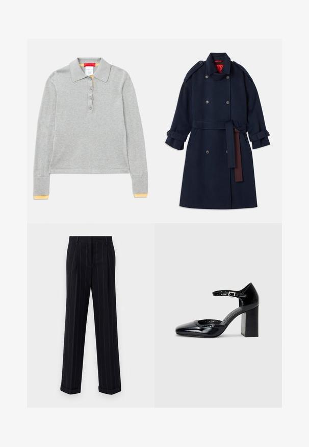 Tumes villane mantel kahekordse nööpide kinnitusega, vööga taljes, millel on suured kraed ja käistabi. Sisemine vooder on punane.; Hall halli pikkade varrukatega polo särk, mis on valmistatud tekstuurse kangaga, millel on tipu krae, neljakohaline nööpplank ja kollane aksent varrukaääristel.; Mustra mustriga tumeda värvusega püksid, millel on kohandatud lõige, varras ja ees olevad voldid. Valmistatud siledast kangast, millel on struktureeritud disain.; Mustad lakknahk kingad kõrge kontsaga, ruudukujulise varbaga, pahkluu rihmaga ja paksu kontsaga. Sisaldab perforatsioonidega detaile ääres.